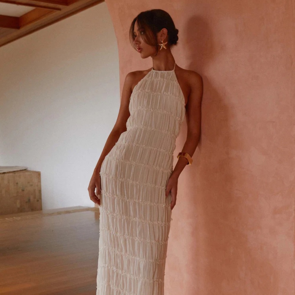 Peppermayo Cream Halter Textured Maxi Dress
